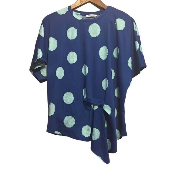 Polka Dot Blue Top Asymmetrical Drape Short Sleeve Blouse - Picture 1 of 5